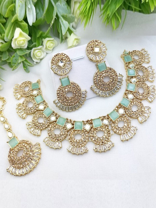 Premium Quality Zircon Bridal Necklace Set with Earrings and Teeka (ZV:27682-Green)