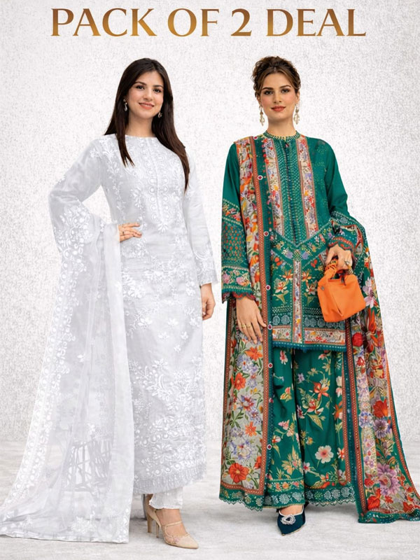 Ramadan Spacial Deal Pack of 2 Lawn Heavy Embroidered Dress Chiffon Dupatta (Deal-116)