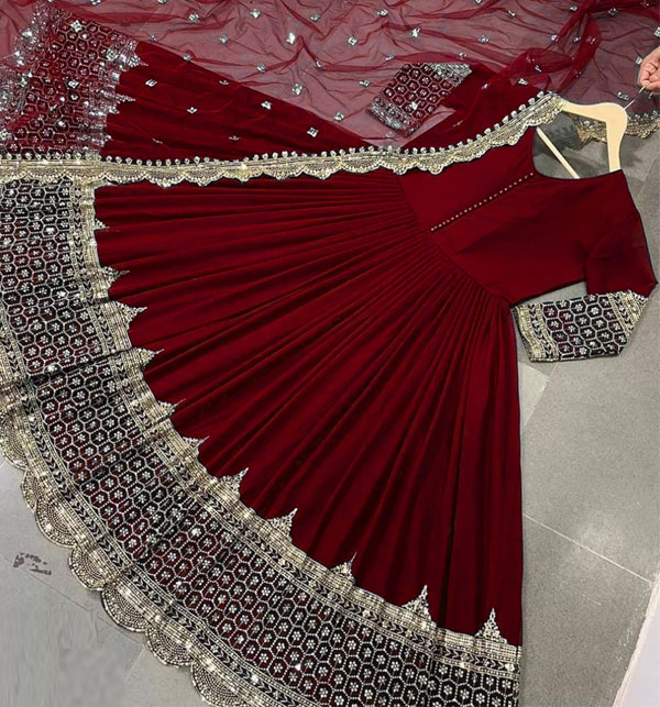 Readymade 3 PCs Maroon Chiffon Sequence Embroidered Dress Chiffon Embroidery Dupatta Plain Trouser (RM-147)