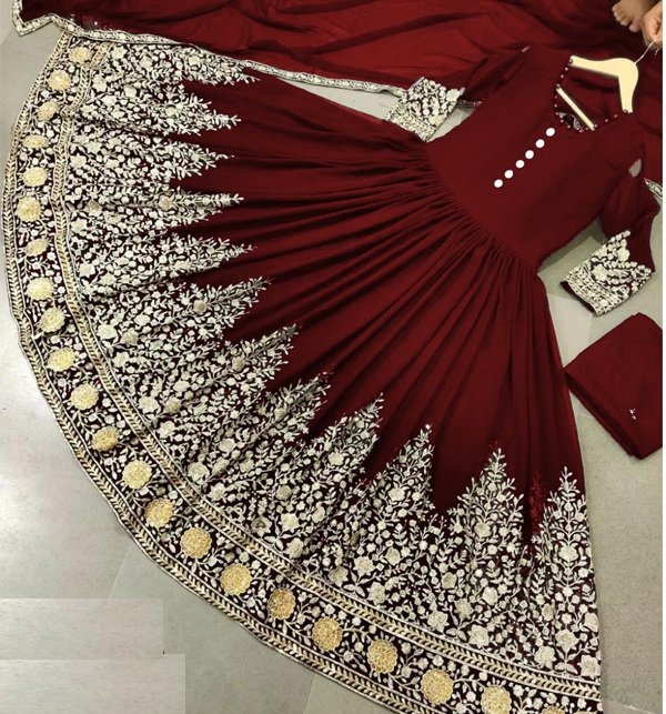 Readymade 3-Piece Embroidered Maroon Chiffon Maxi (Ghair 95) with Chiffon Dupatta (RM-50)