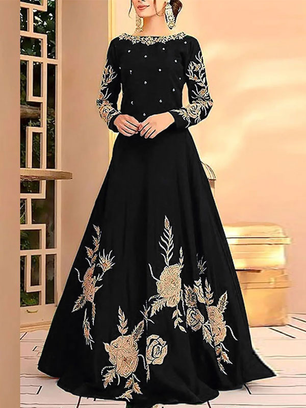 Stitched Embroidered China Silk Black Maxi Dress (CHI-692)