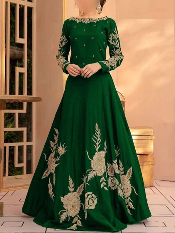 Readymade Embroidered Green Shamoz Silk Maxi  (CHI-702)