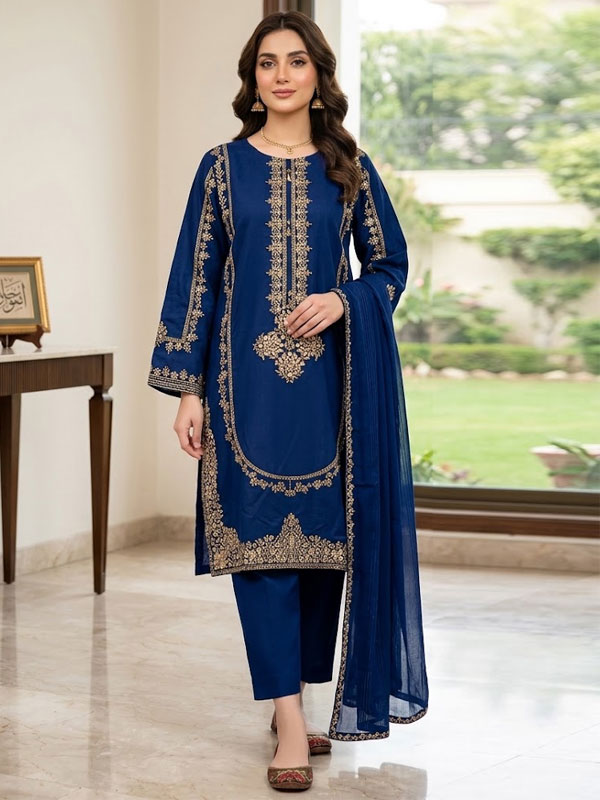 Royal Blue Dhanak Winter Dress Front Embroidery 2 Peice Dhanak Suit (Unstitched) (KD-292)