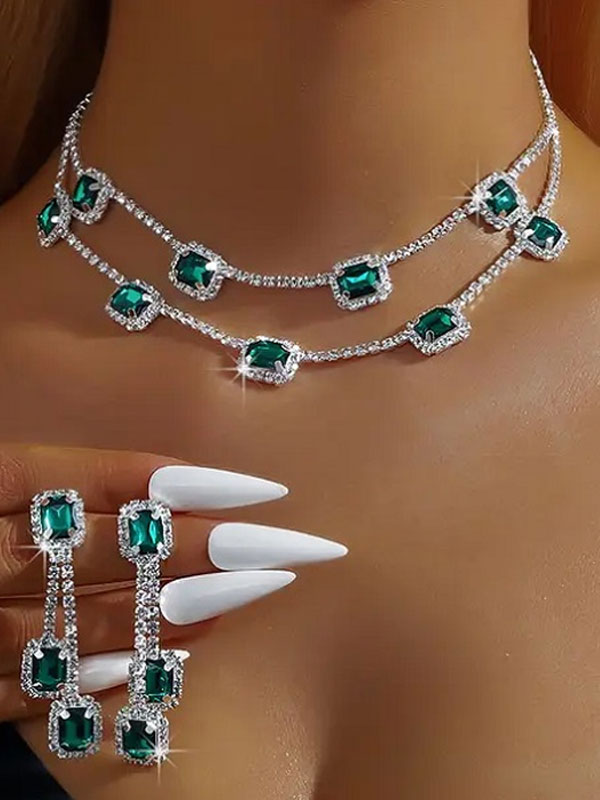 Silver Plated Green Rhinestones Necklace Set with Earrings (ZV:30688)