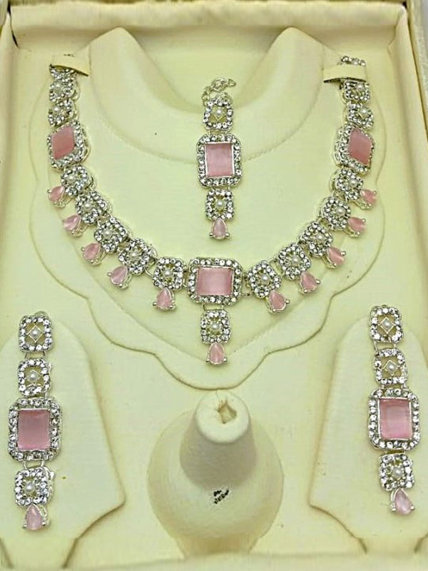 Silver Tea Pink Zircon Necklace Set with Earrings & Tikka (ZV:30450)