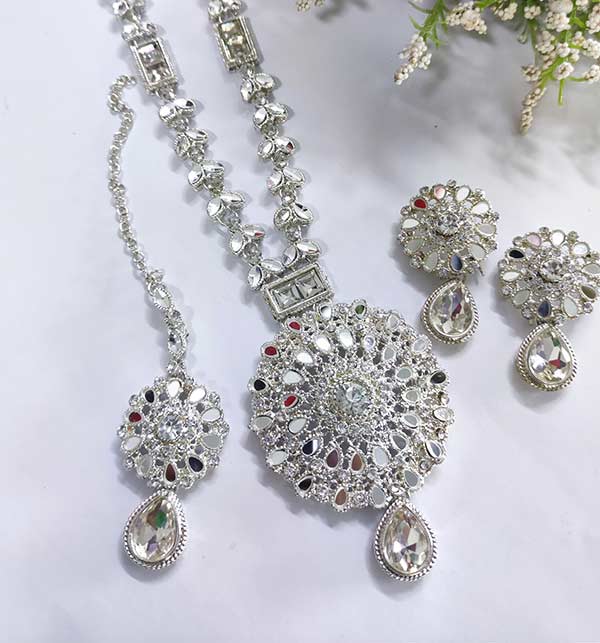 Wedding Kundun Mirror Work Long Silver Necklace Set (ZV:4811)