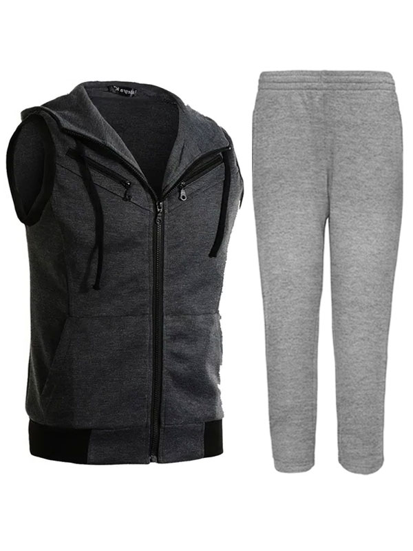 Sleeveless Zipper Hoodies Jaqueta Front WIth Grey Trouser (MD-7)