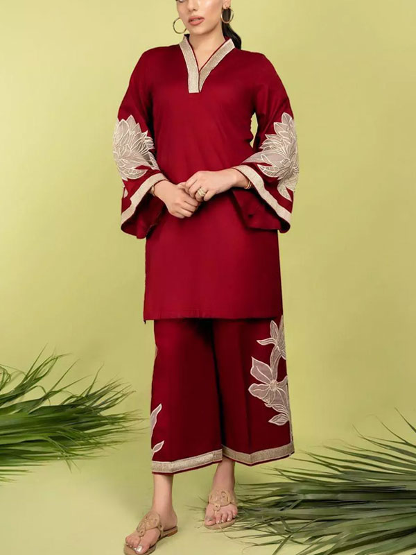 Stitched 2 PCs Linen Embroidered Dress With Linen Embroidered Trouser (RM-166)	