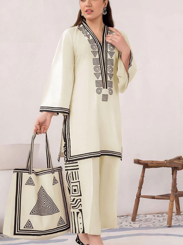 Stitched Linen Block Printed Dress With Bag (RM-170)	