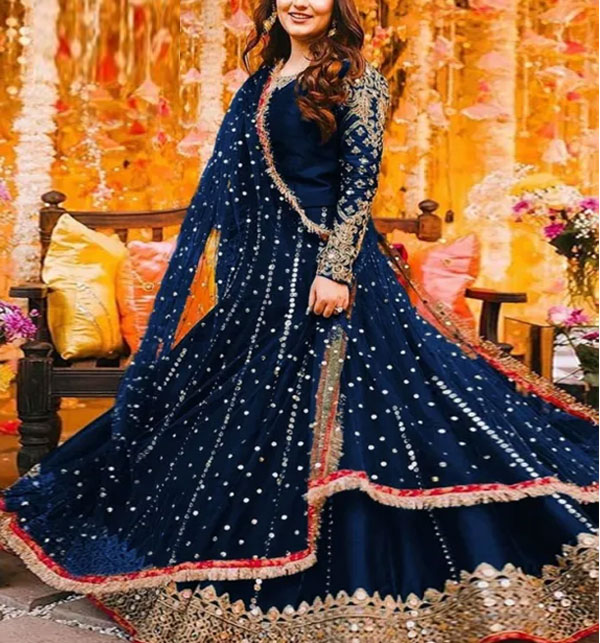 Readymade Blue Silk Long Maxi Dress Chiffon Embroidery Dupatta 3 PCs MAXI Ghar 96 (RM-137)	