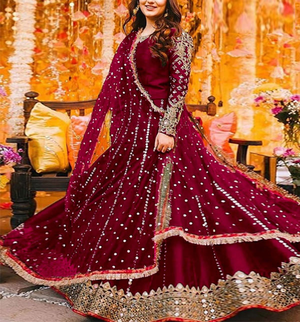 Readymade Silk Maroon Long Maxi Dress Chiffon Embroidery Dupatta 3 PCs MAXI Ghar 96 (RM-135)