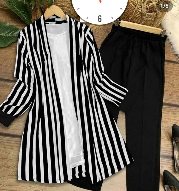 Women stripe black Linen 3 Piece Lining Suit (Inner+Shirt+Trouser)