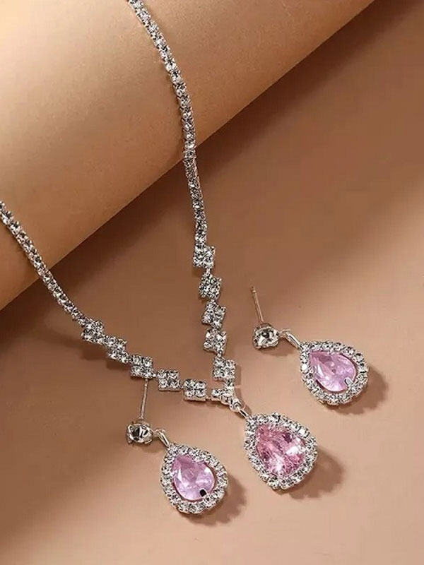 Tea Pink Silver Necklace and Earring Set with Sparkle Rhinestone (ZV:29920)