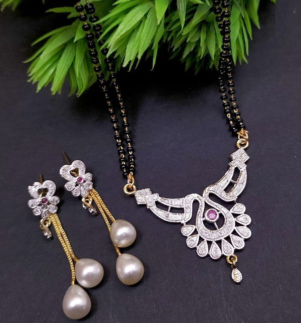 Traditional Indian Zircon Pendant Set With Indian Black Double Mala And Earrings (ZV:25386)