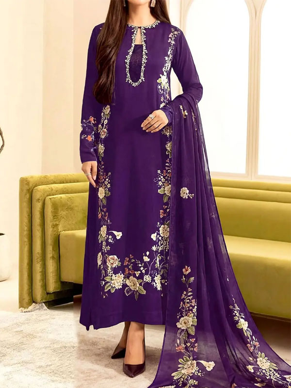 Trendy Embroidered Deep Purple Lawn Dress with Digital Print Banadora Dupatta (Unstitched) (DRL-2440)