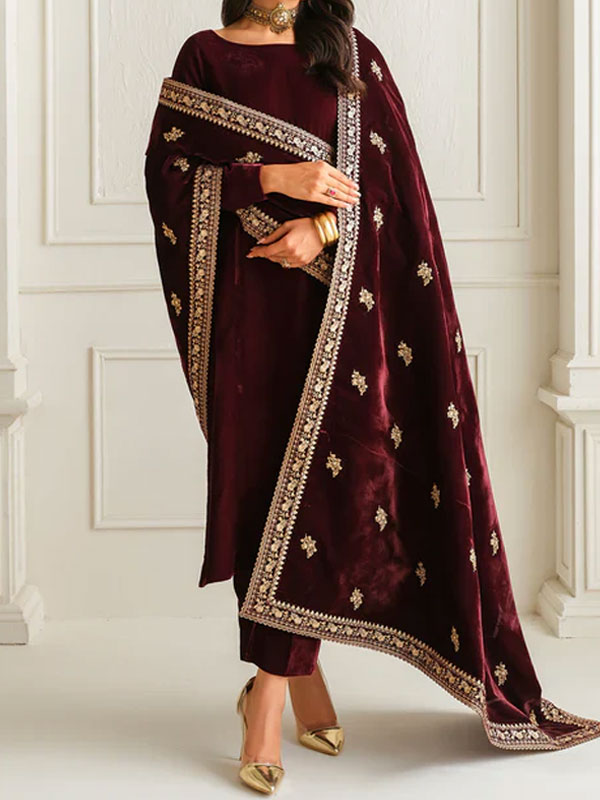 SHAWL - Velvet Embroidered Maroon Shawl (Shawl-214)