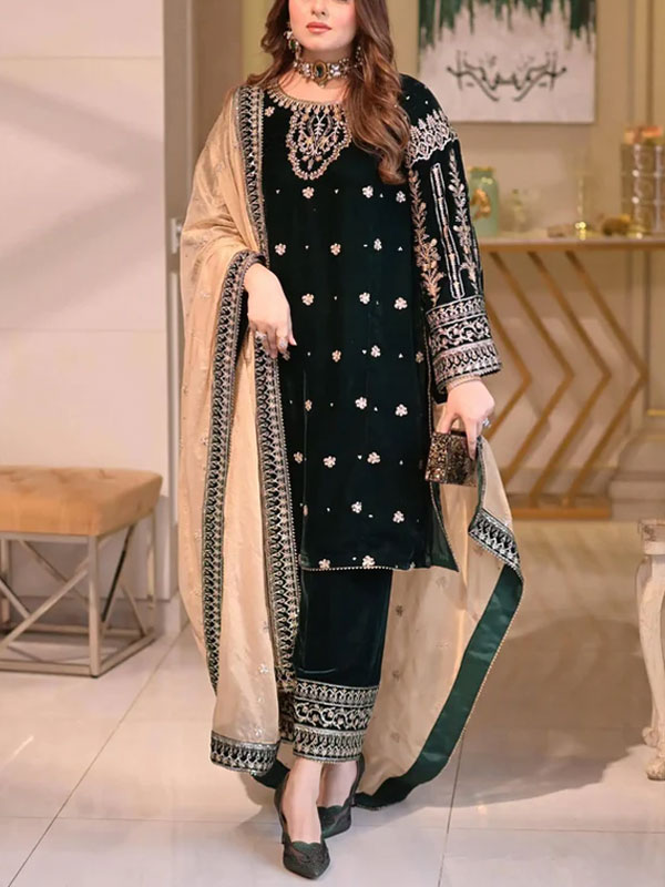 Velvet Heavy Embroidered Dress With Masoori Heavy Embroidered Dupatta (Unstitched) (CHI-1056)