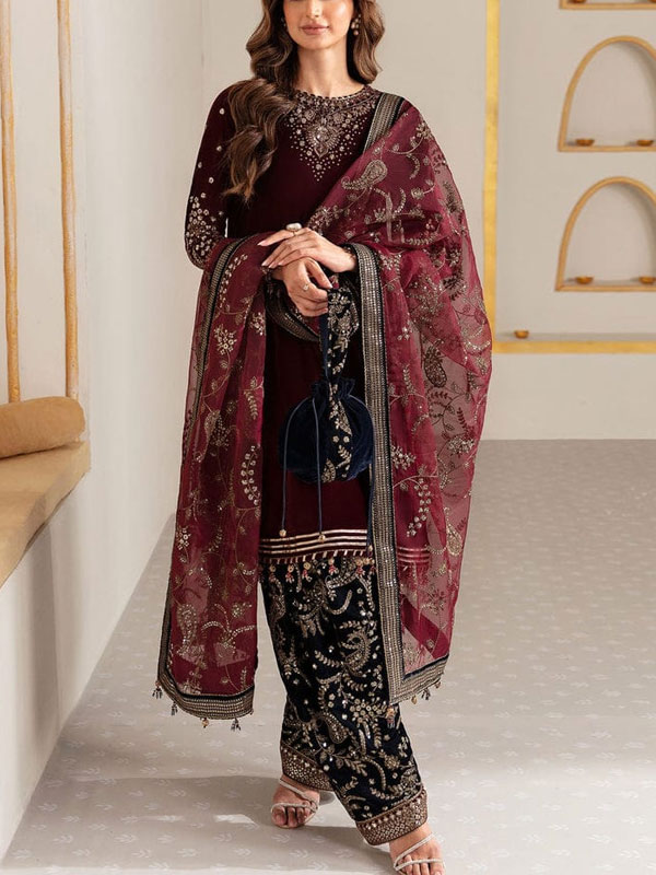 Velvet Heavy Embroidered Dress With Organza 4 Side Embroidered Dupatta (Unstitched) (CHI-929)