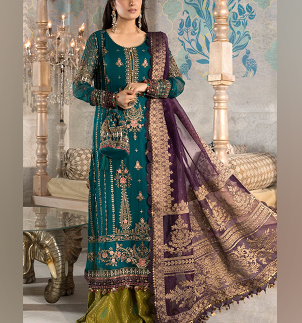 Chiffon Wedding Collection Heavy Embroidered Dress With Organze Embroidered Dupatta (UnStitched) (CHI-481)