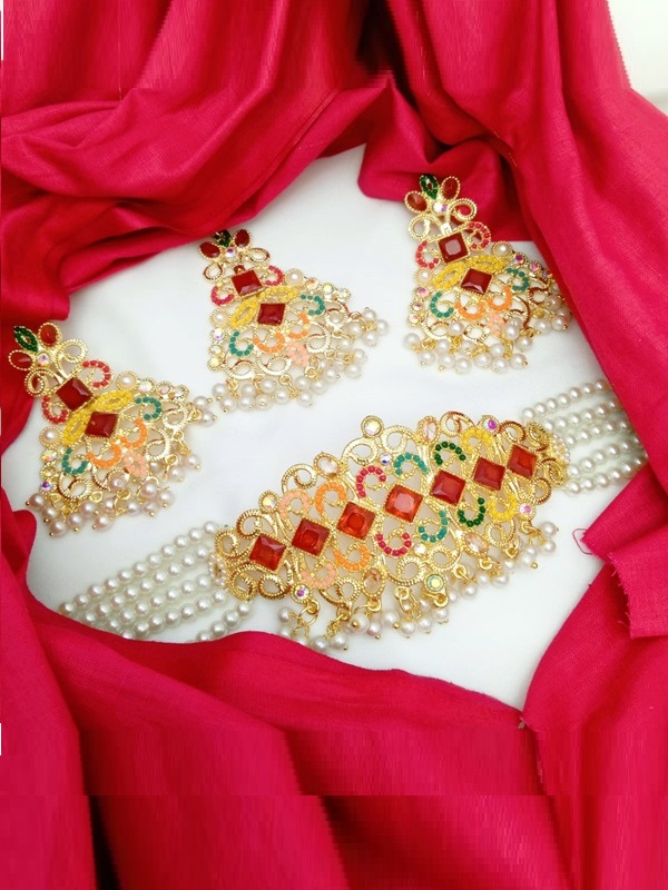 Wedding Nauratan Zircon Choker Necklace Set With Earrings & Teeka (ZV:24513)