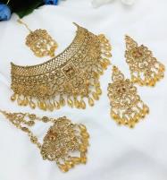 Antique Golden Pearl Wedding Necklace Jewelry Set With Earrings, Jhumar And Teeka (ZV:20545) Price in Pakistan