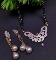 Elegant Indian Silver Zircon Pendant Set With Black Mala And Earrings (ZV:25397) Price in Pakistan
