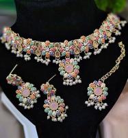 Elegant Zircon Navratan Necklace Set With Earrings And Bindia (ZV:23856) Price in Pakistan