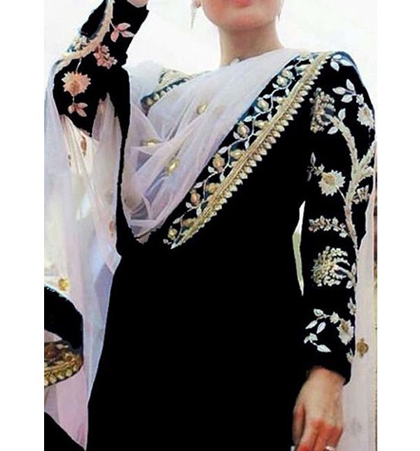 Black Viscose Crepe Heavy embroidered & Mirror Pasting C-cut Party wear suit with Chiffon Duppata main image 1