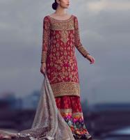NET Heavy Embroidered Wedding Dress With NET Embroidered Dupatta Jamawar Trouser (Sharara) (Unstitched) (CHI-848) Price in Pakistan
