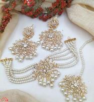 Kundan Deandra Antique Gold Jhumar with Earrings - White (PS-542) Price in Pakistan