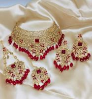 Maroon Pearl Golden Wedding Necklace Jewelry Set With Earrings, Jhumar And Teeka (ZV:20175) Price in Pakistan