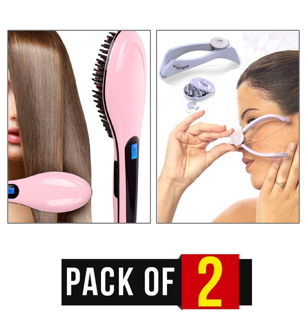 Pack of 2 - Fast Hair Straightener Brush & Face & Body Hair Threading System Price in Pakistan