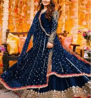 Readymade Blue Silk Long Maxi Dress Chiffon Embroidery Dupatta  3 PCs (RM-137)	 Price in Pakistan