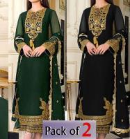 WholeSale Deal Pack of 2 Party Wear Chiffon Full Heavy Embroidery 3 Pec Dress (Black & Green Color)  (Deal-61) Price in Pakistan