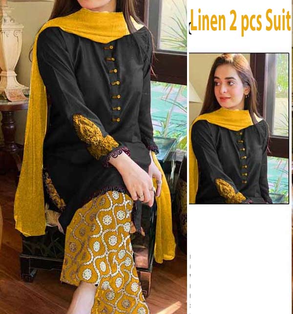 2-Pcs Embroidered Linen Dress with Embroidered Trouser (LN-350)