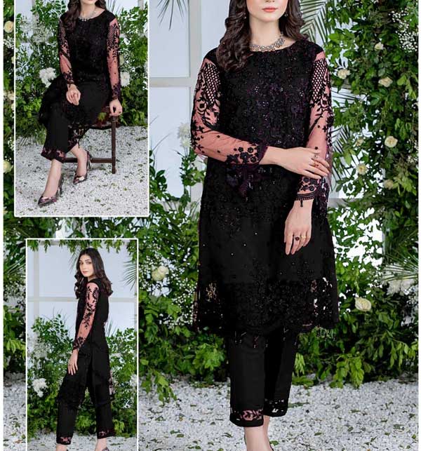 (11 11 SALE) NET Full Heavy Embroidery Party Wear (2 Pec) Dress Unstitched (CHI-704)