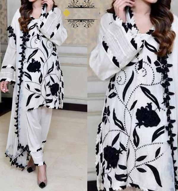 LINEN 2 Pieces Beautiful White & Black Embroidered Suit (Unsicthed) (LN-217)