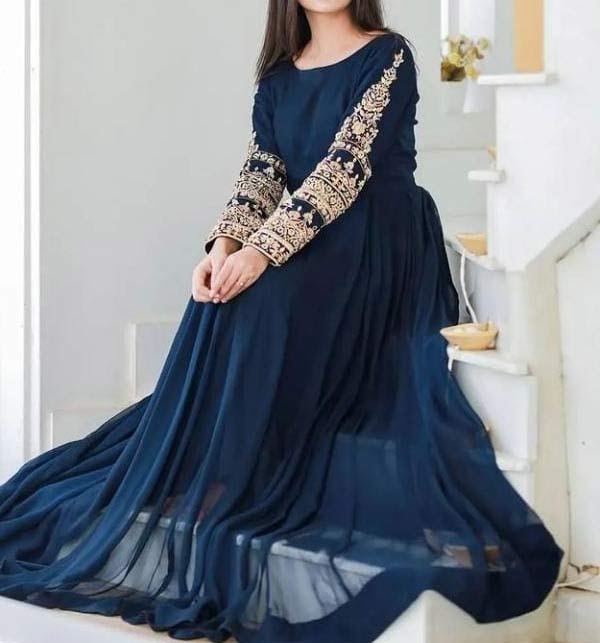 ReadyMade Chiffion Blue Stitched Embroidery Maxi with inner (CHI-537)