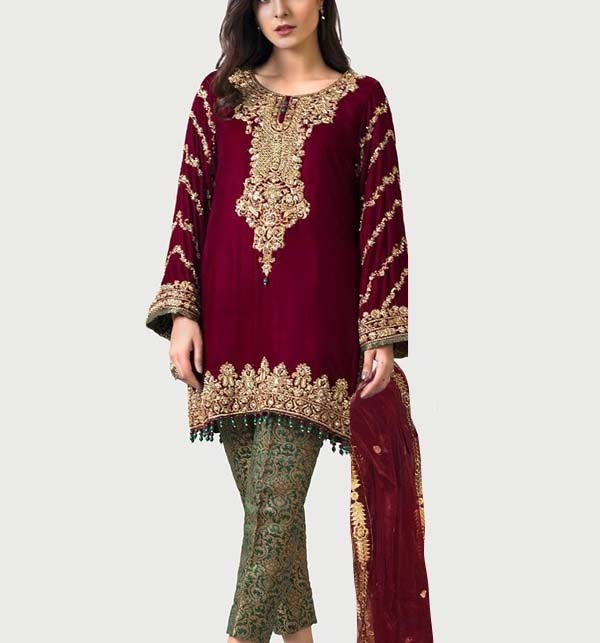 Luxury Velvet Full Heavy Embroidered Maroon Party Wear Dresses With Net Embroidered Dupatta (Unstitched) (CHI-715)