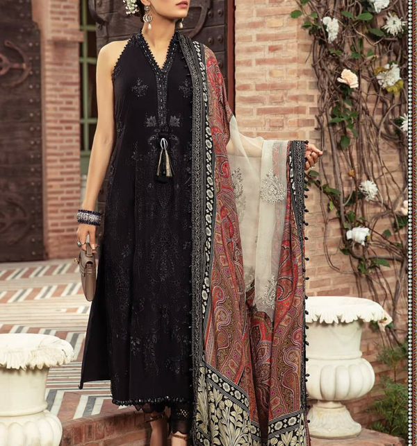 Embroidered Chiffon Wedding Dress with With 4 Sided Embroidered Laced Silk Dupatta  Unstitched (CHI-687)