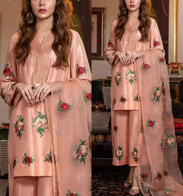 Heavy Embroidered Silk Party Dress with Embroidered Organza Dupatta (Unstitched) (CHI-741)