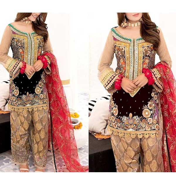Handwork Heavy Embroidered Chiffion Dress 2022 with Jamawar Trouser  (UnStitched) (CHI-657)