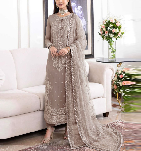 Chiffon Heavy Embroidered Party Wear Dress With NET Heavy EMB Dupatta (UnStitched) (CHI-846)