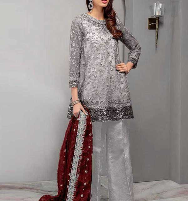 Heavy Embroidered Grey Net Wedding Dress 2022 With Net Embroidery Dupatta (Unstitched)  (CHI-662)