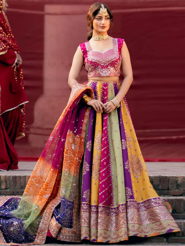 Heavy Embroidered Multicolor Raw Silk Bridal Maxi Dress with Chunri Print Emb. Organza Dupatta (Unstitched) (CHI-1109)