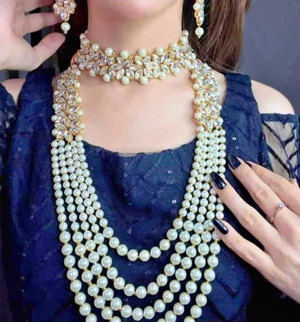 Indian Pearl Bridal Necklace Earrings Jewelry Set (PS-526)