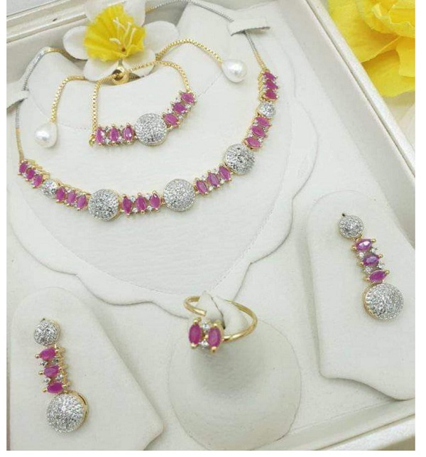 AD Zircon Jewelry Combo Gift Set Necklace + Earring Adjustable Bracelet (PS-525)