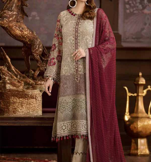 Luxury Embroidered Chiffon Wedding Dress with Four Side Embroidered Dupatta (CHI-475)