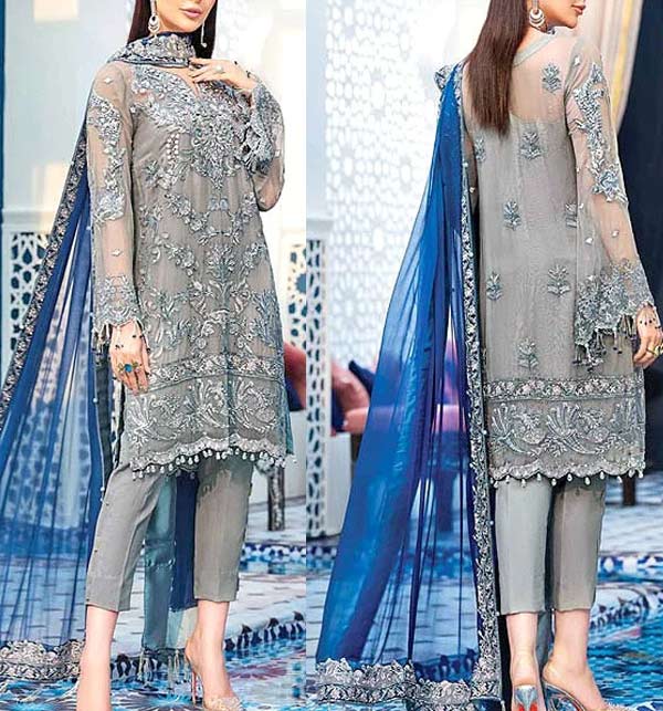NET Heavy Embroidered Wedding Dress Embroidered Net Dupatta with Hanging Tassels (CHI-488)