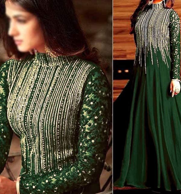 Chiffon Full Heavy Embroidered Green Maxi Dress (Unstitched) (CHI-524)
